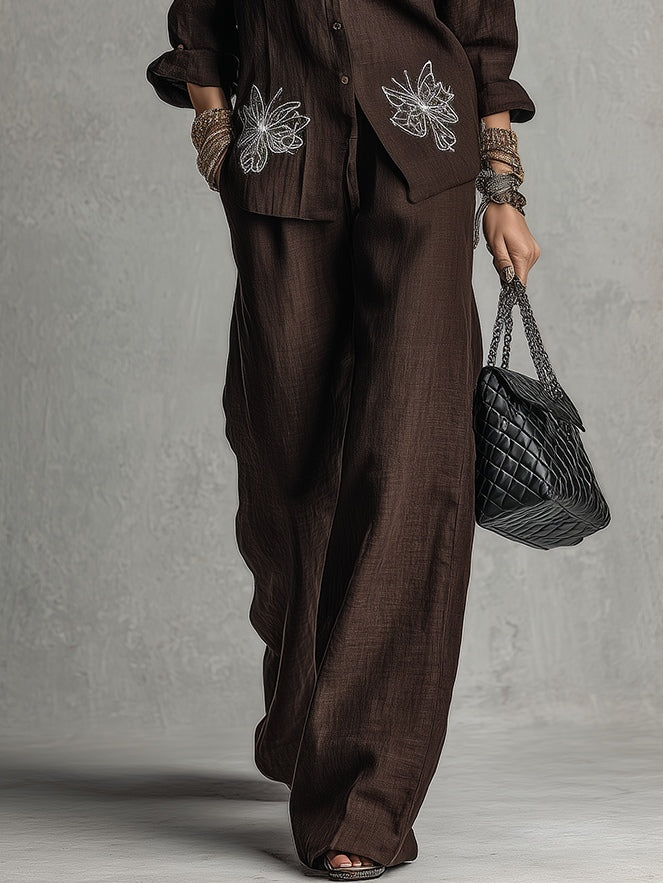 Camicia Ricamata Marrone Relaxed Fit e Completo con Pantaloni a Gamba Larga