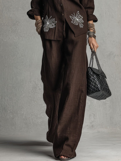 Camicia Ricamata Marrone Relaxed Fit e Completo Pantaloni a Gamba Larga