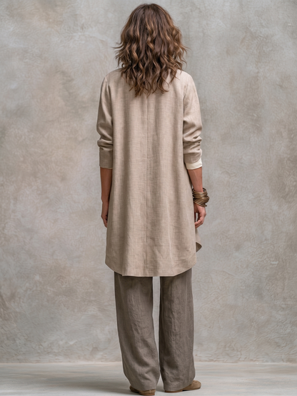 Completo Elegante a Tre Pezzi Beige Grigio Casual con Pantaloni a Gamba Larga