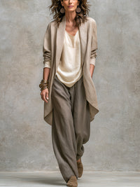 Completo Elegante a Tre Pezzi Beige Grigio Casual con Pantaloni a Gamba Larga