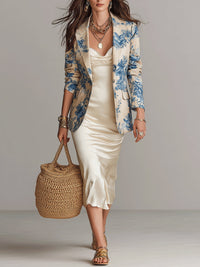 Set Elegante di Abito a Strati con Blazer a Stampa Floreale Blu e Abito in Satin Beige