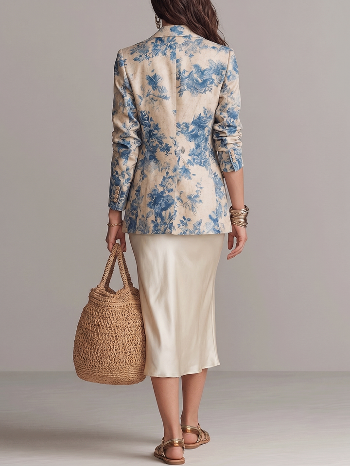 Set Elegante di Abito a Strati con Blazer a Stampa Floreale Blu e Abito in Satin Beige