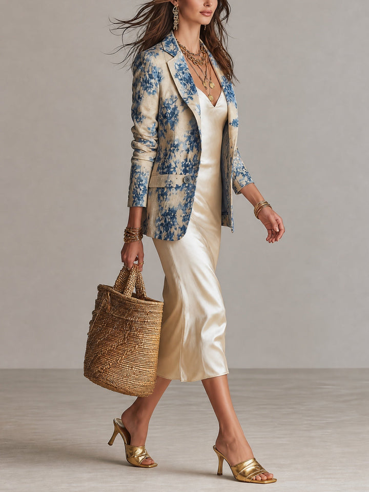 Set Elegante di Abito a Strati con Blazer a Stampa Floreale Blu e Abito in Satin Beige