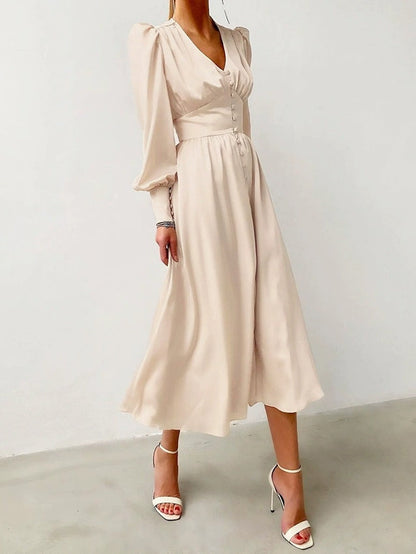 Abito Midi in Satin con Maniche a Palloncino e Scollatura a V