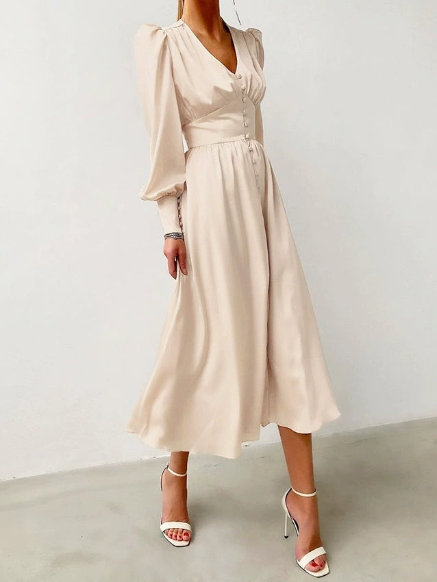 Abito Midi in Satin con Maniche a Palloncino e Scollatura a V