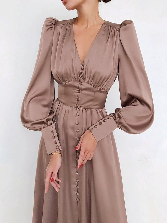 Abito Midi in Satin con Maniche a Palloncino e Scollatura a V