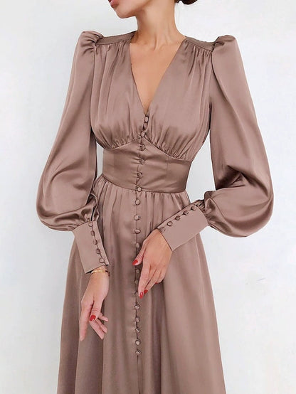 Abito Midi in Satin con Maniche a Palloncino e Scollatura a V