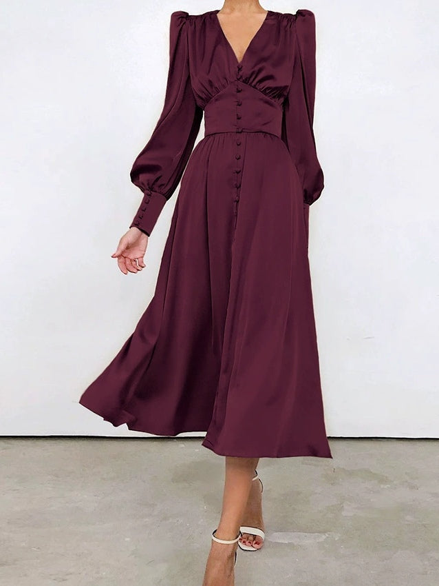 Abito Midi in Satin con Maniche a Palloncino e Scollatura a V