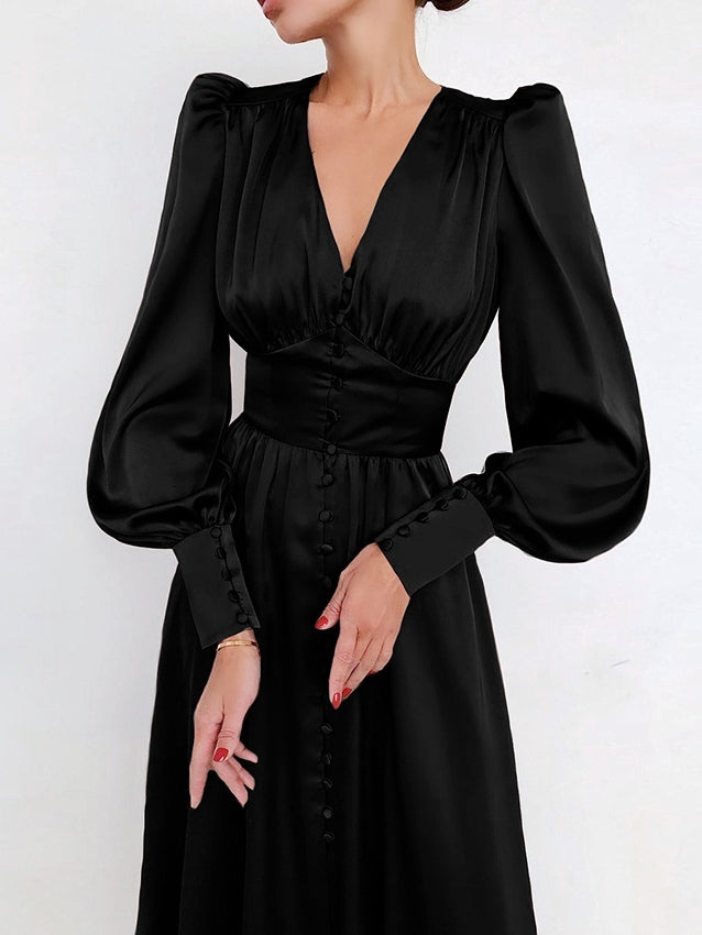 Abito Midi V Neck con Maniche a Palloncino in Raso