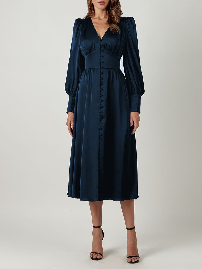 Abito Midi in Satin con Maniche a Palloncino e Scollatura a V