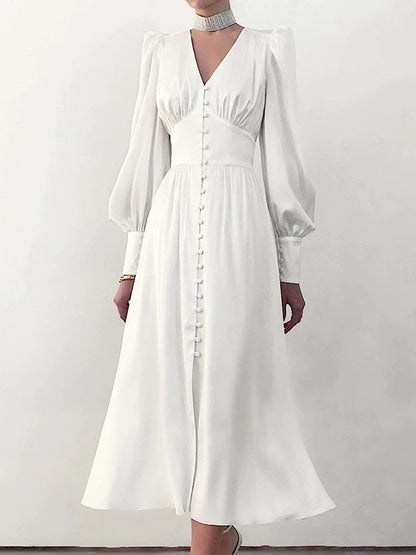 Abito Midi in Satin con Maniche a Palloncino e Scollatura a V