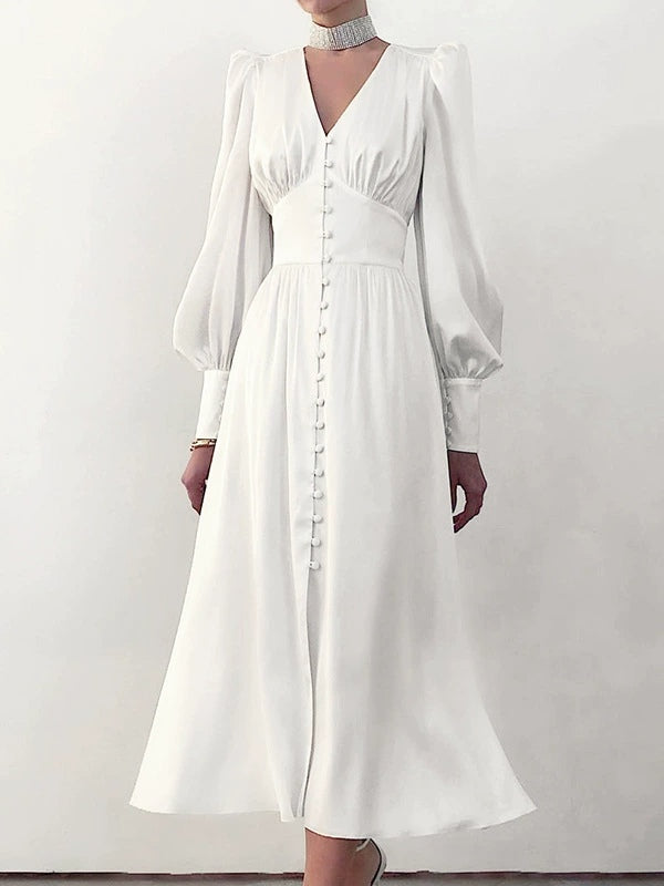 Abito Midi V Neck con Maniche a Palloncino in Raso