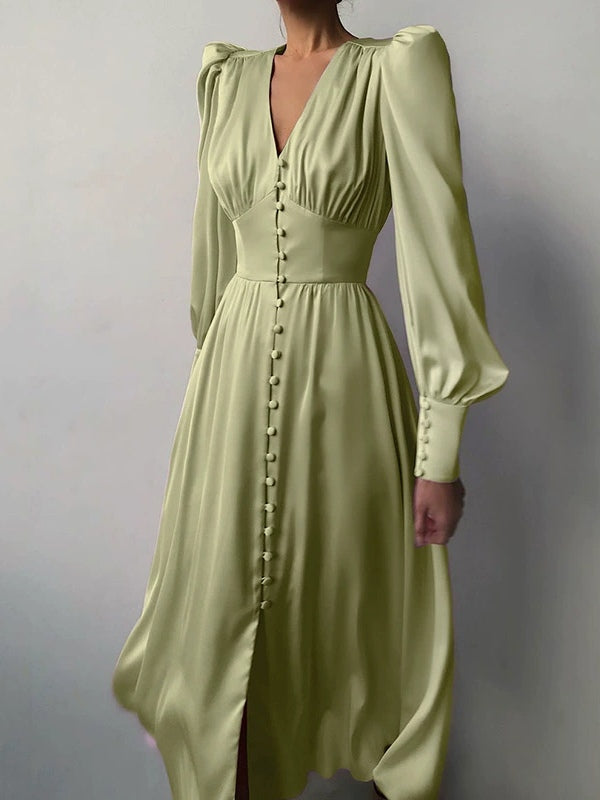 Abito Midi in Satin con Maniche a Palloncino e Scollatura a V