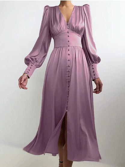 Abito Midi in Satin con Maniche a Palloncino e Scollatura a V