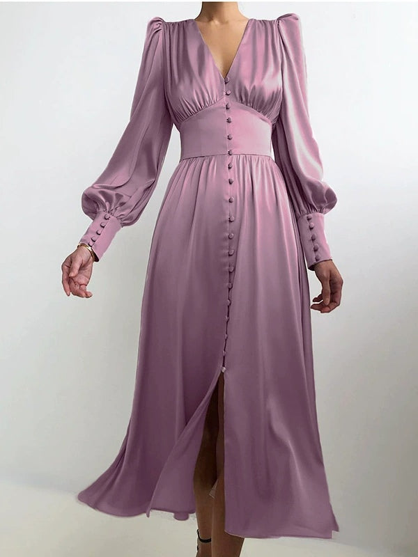 Abito Midi V Neck con Maniche a Palloncino in Raso