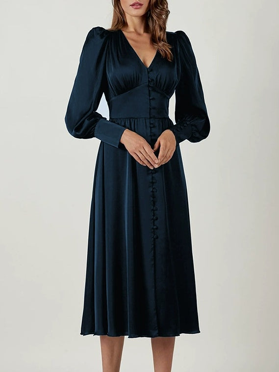 Abito Midi in Satin con Maniche a Palloncino e Scollatura a V