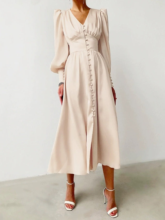 Abito Midi V Neck con Maniche a Palloncino in Raso