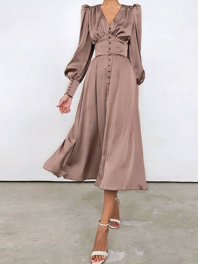 Abito Midi V Neck con Maniche a Palloncino in Raso