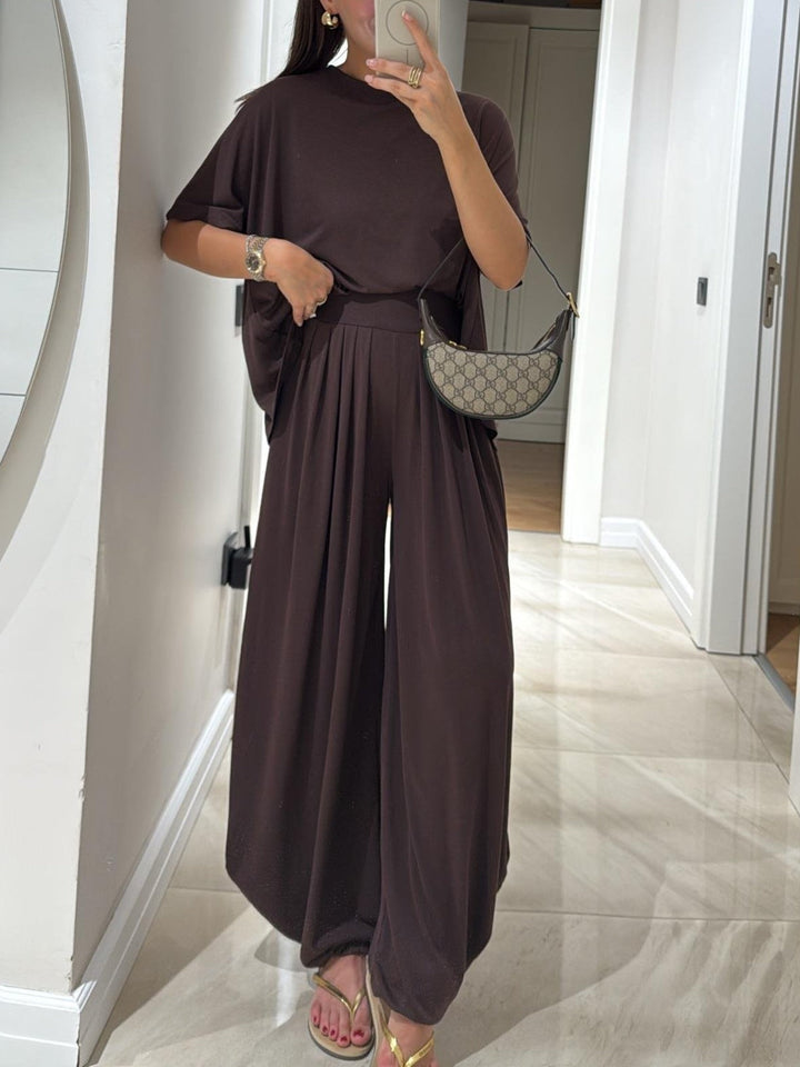 Set Top Casual Grigio Chiaro e Pantaloni a Gamba Larga