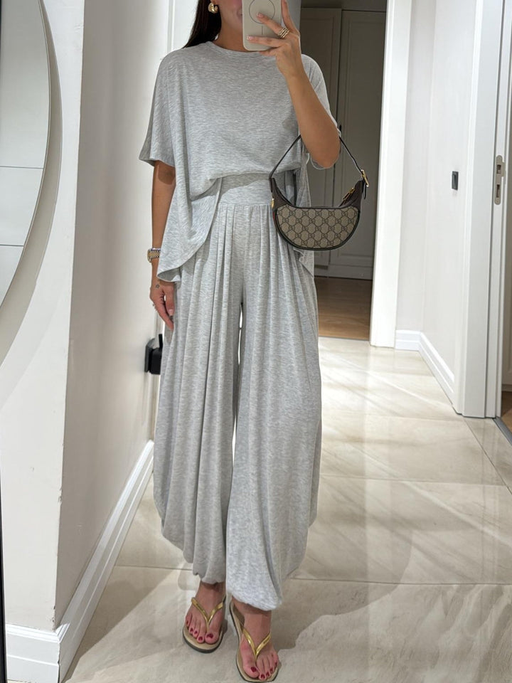 Set di Top Casual Grigio Chiaro e Pantaloni a Gamba Larga