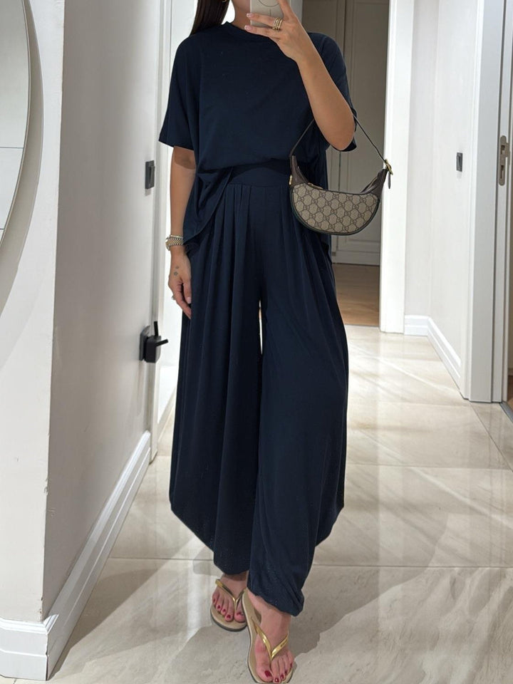 Set di Top Casual Grigio Chiaro e Pantaloni a Gamba Larga