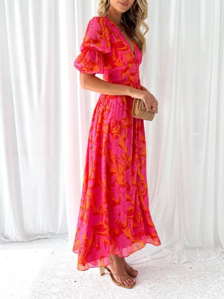 Elegante Vestito Midi con V-collo a Fiori