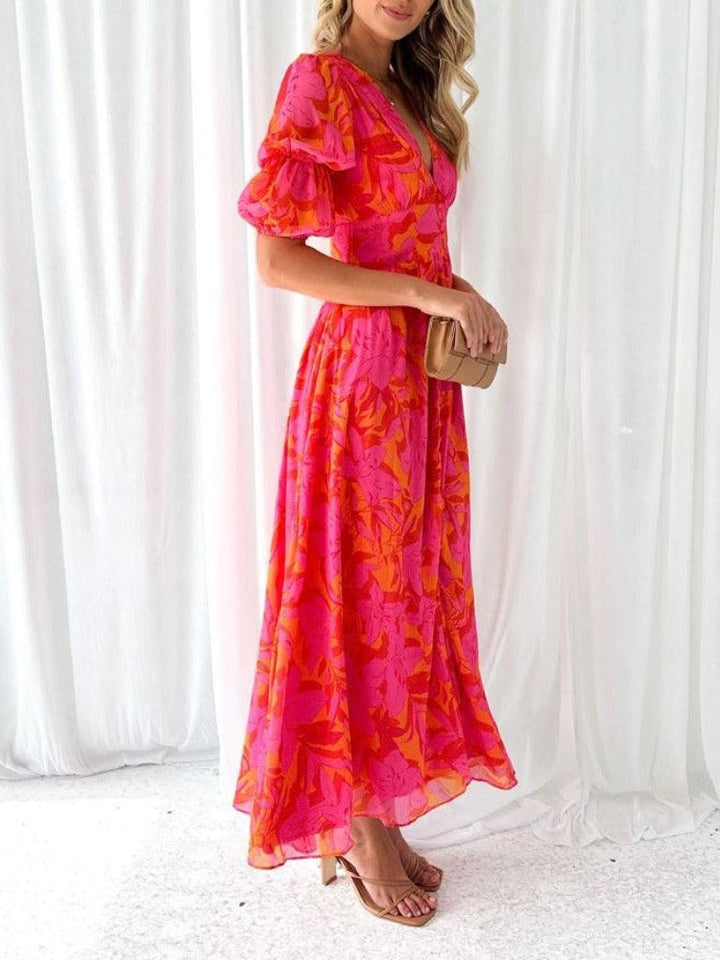 Elegante Vestito Midi con V-collo a Fiori