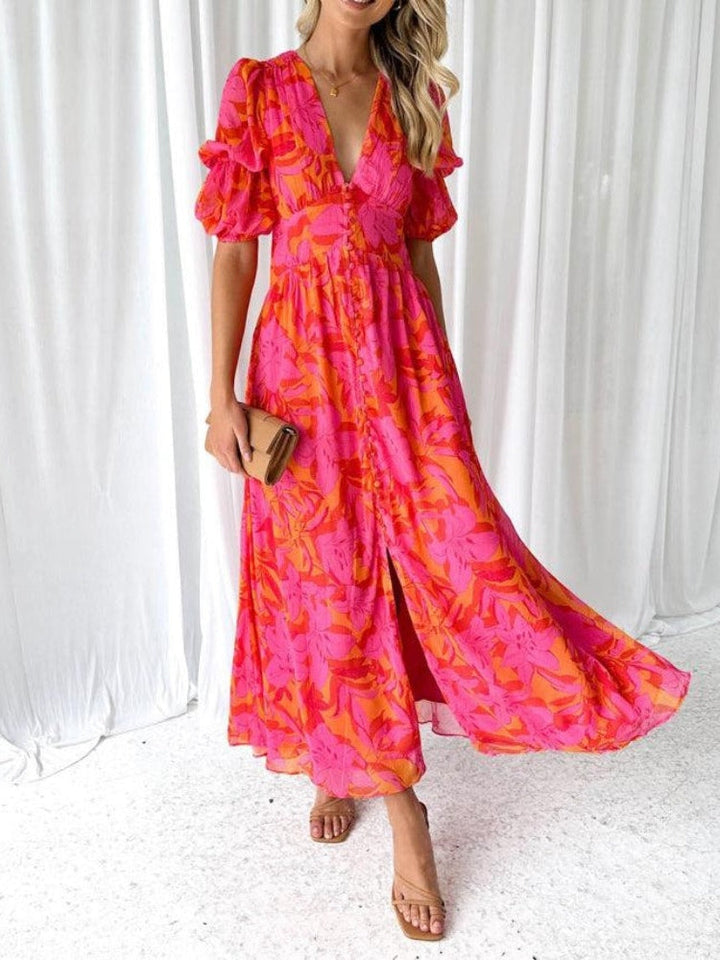 Elegante Vestito Midi con V-collo a Fiori