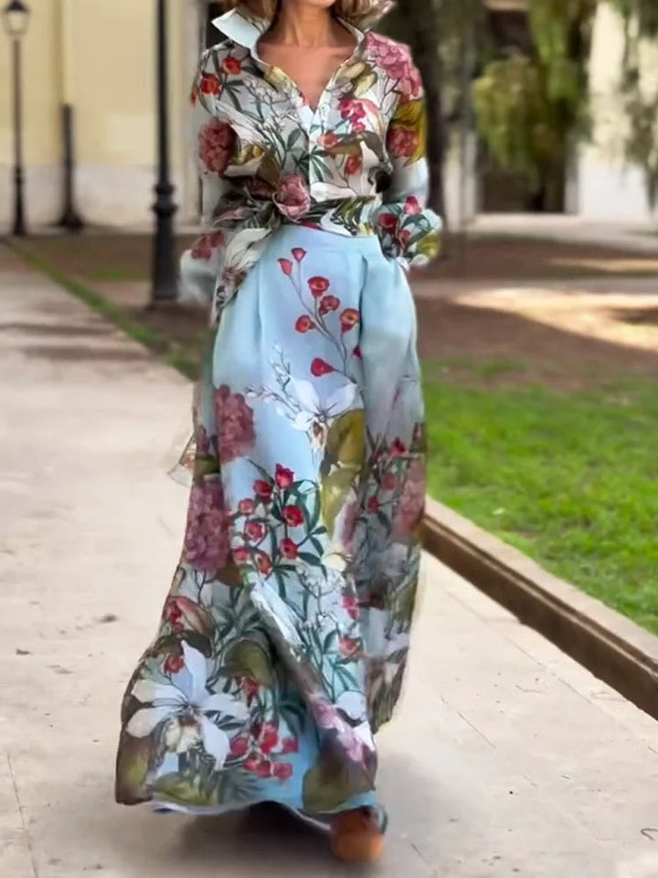 Set di Due Pezzi con Camicia e Gonna a Stampa Floreale Elegante