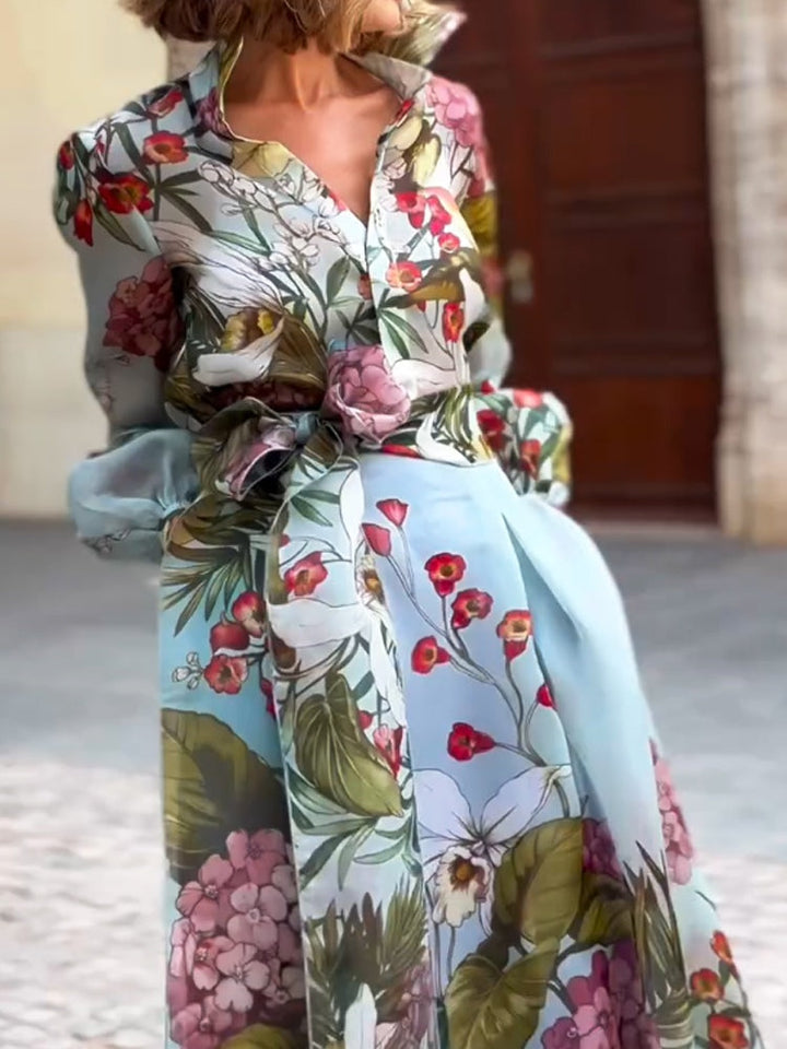 Set di Due Pezzi con Camicia e Gonna a Stampa Floreale Elegante