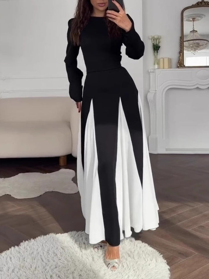 Abito Elegante Nero e Bianco con Collo Rotondo e Maniche Lunghe