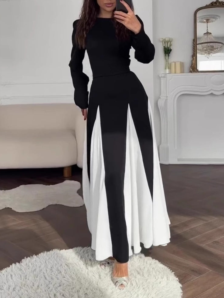 Abito Elegante Nero e Bianco a Colori Bloccati con Collo Rotondo e Maniche Lunghe
