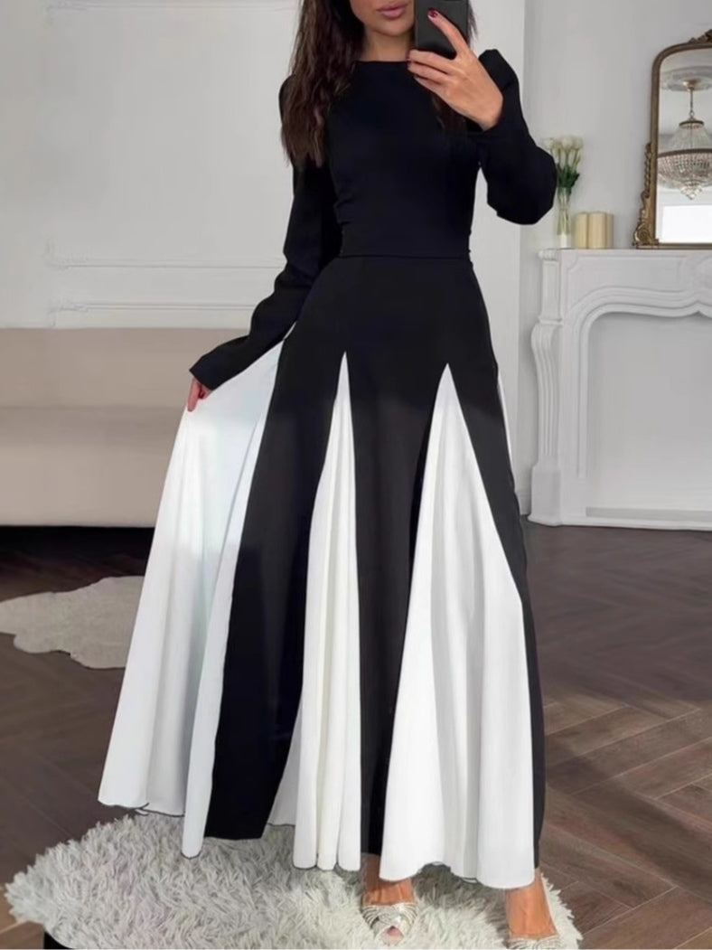 Abito Elegante Nero e Bianco con Collo Rotondo e Maniche Lunghe