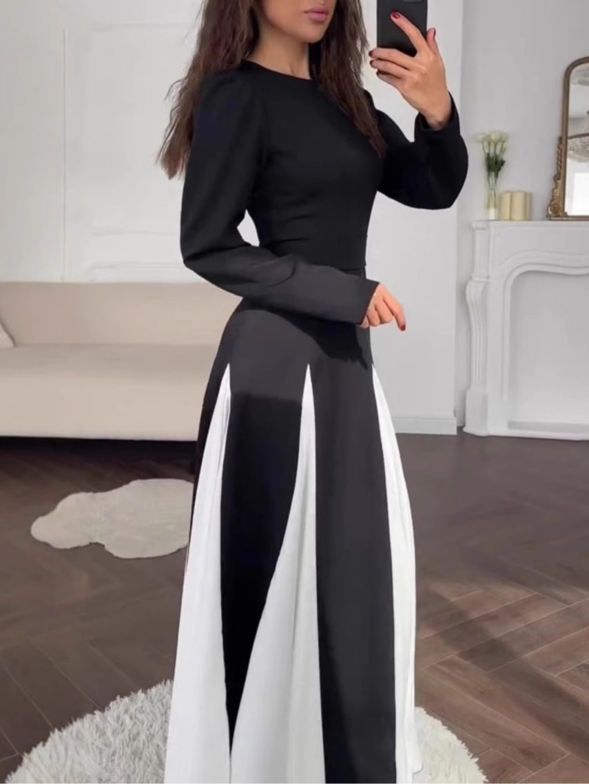 Abito Elegante Nero e Bianco a Colori Bloccati con Collo Rotondo e Maniche Lunghe