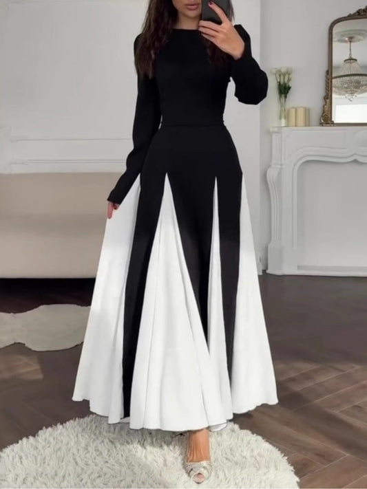 Abito Elegante Nero e Bianco con Collo Rotondo e Maniche Lunghe