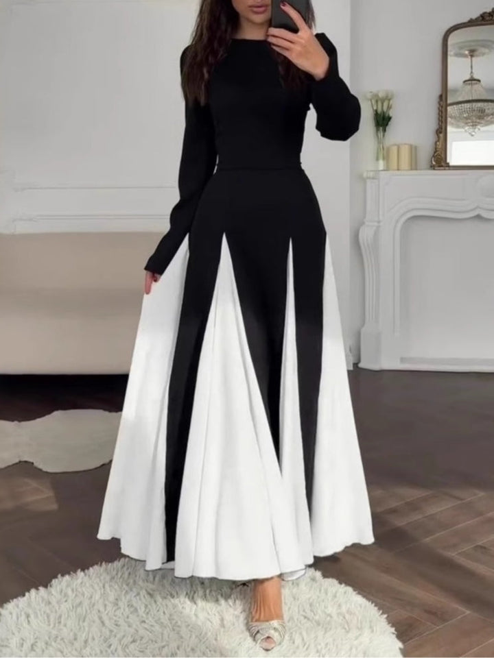 Abito Elegante Nero e Bianco con Collo Rotondo e Maniche Lunghe