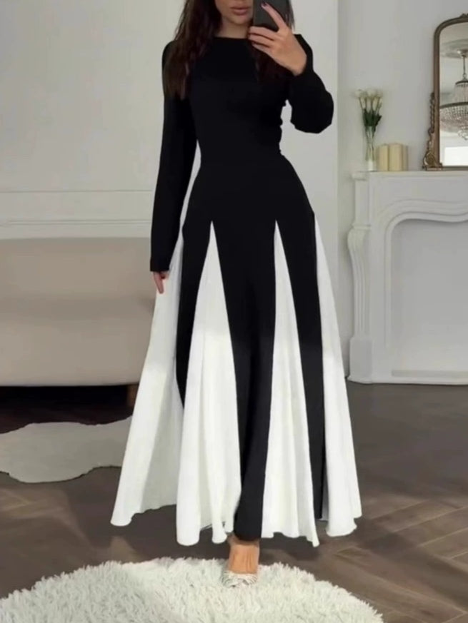 Abito Elegante Nero e Bianco con Collo Rotondo e Maniche Lunghe