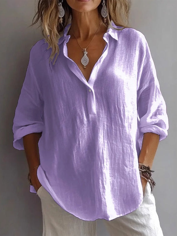 Camicia in Lino a Maniche Lunghe e Scollo a V Casual e Larga