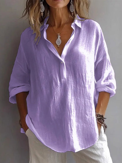 Camicia in Lino a Maniche Lunghe e Scollo a V Casual e Larga