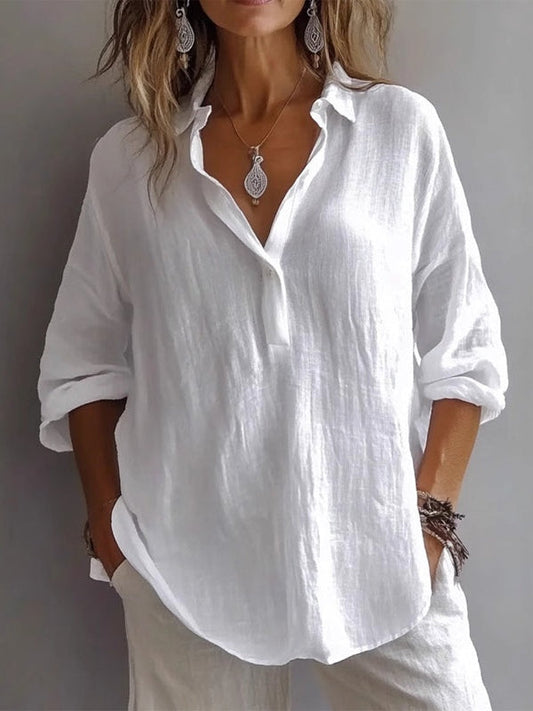 Camicia in Lino a Maniche Lunghe e Scollo a V Casual e Larga