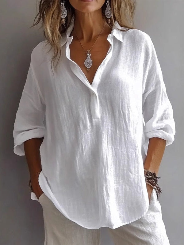 Camicia in Lino a Maniche Lunghe e Scollo a V Casual e Larga