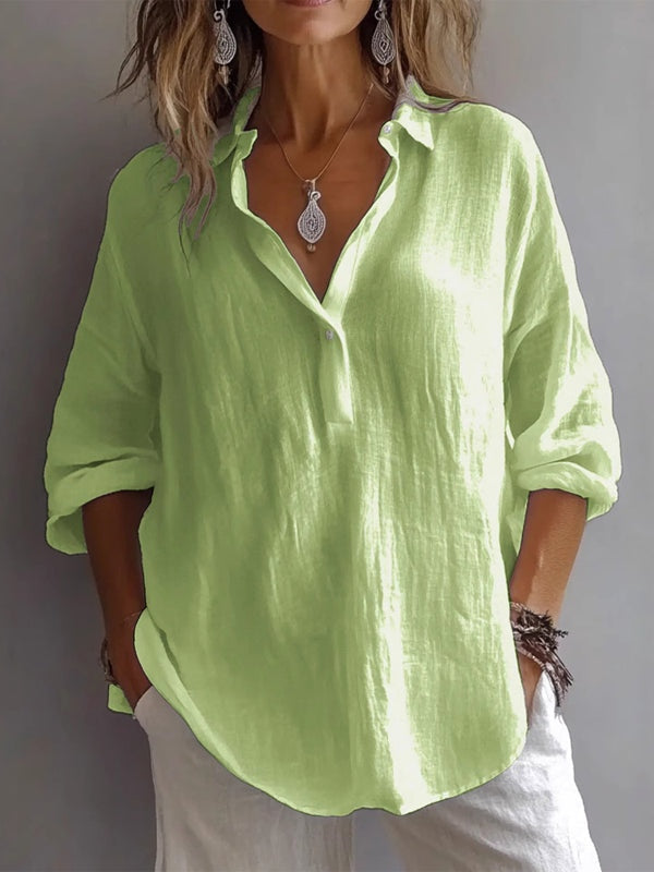 Camicia in Lino a Maniche Lunghe e Scollo a V Casual e Larga