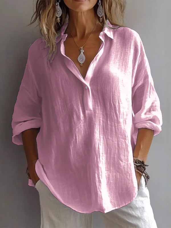 Camicia in Lino a Maniche Lunghe e Scollo a V Casual e Larga