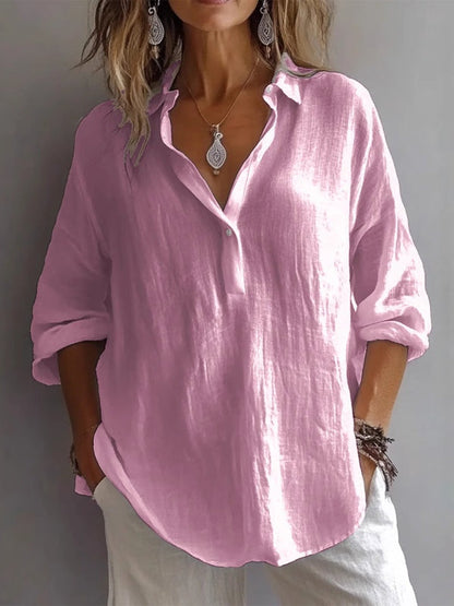 Camicia in Lino a Maniche Lunghe e Scollo a V Casual e Larga
