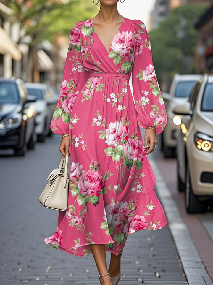 Abito Midi Plissettato in Chiffon con V-scollo e Fiori Eleganti