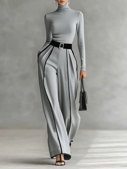 Set di Top a Collo Alto con Maniche Lunghe e Pantaloni a Gamba Larga con Cintura