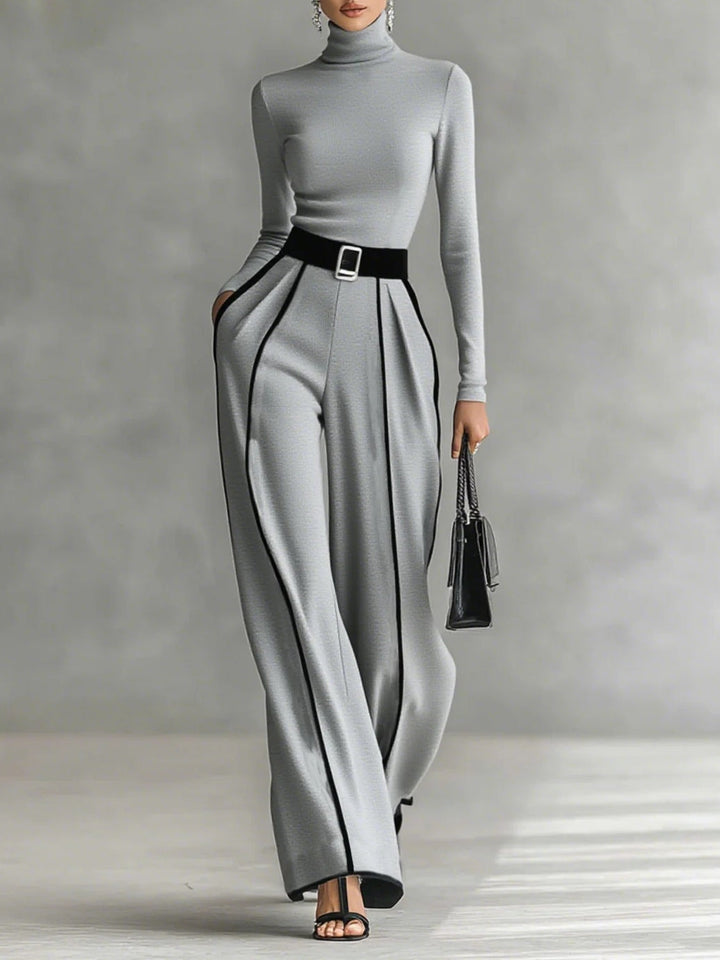 Set di Top a Collo Alto con Maniche Lunghe e Pantaloni a Gamba Larga con Cintura