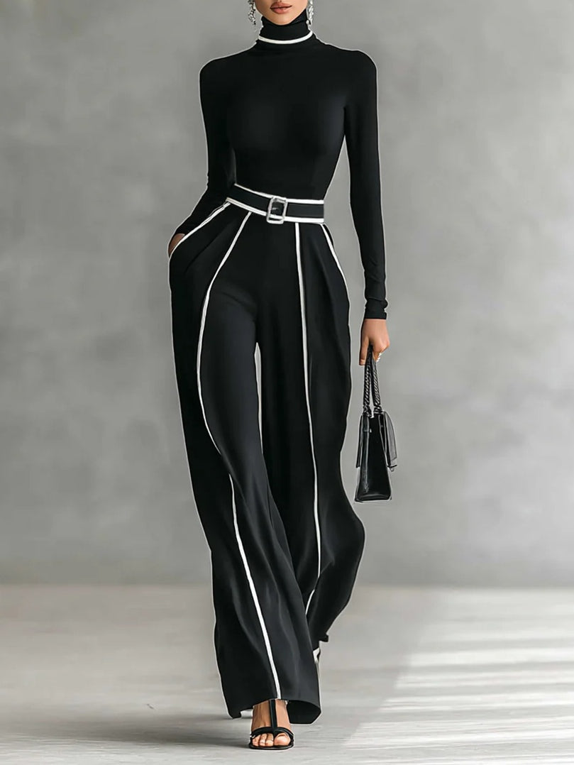 Set di top a maniche lunghe con collo alto e bordi bianchi e pantaloni a gamba larga con cintura
