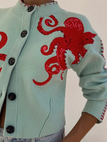 Cardigan lavorato a maglia con motivo di polpo divertente
