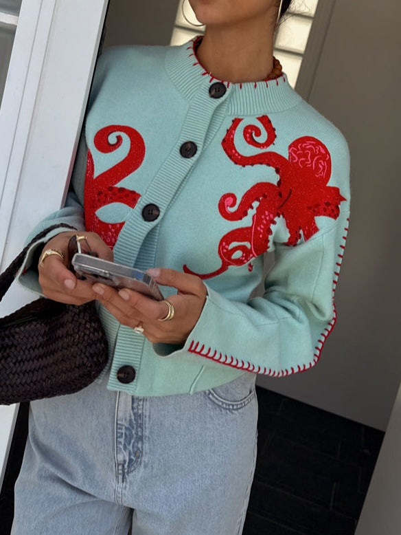 Cardigan lavorato a maglia con motivo di polpo divertente